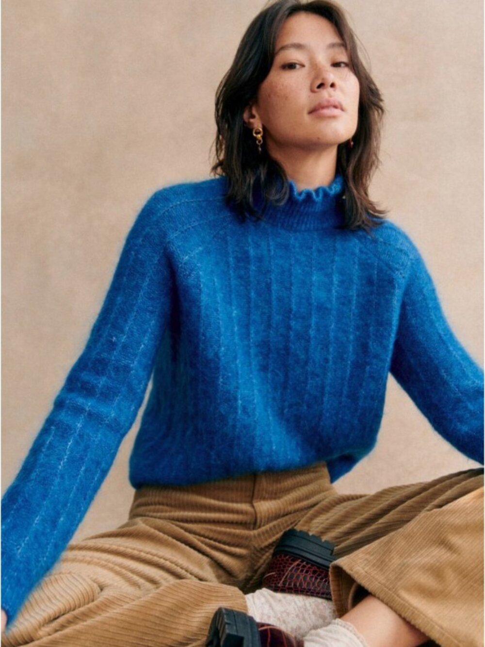 EUC Sezane Loris Mohair Wool Ruffle Neck Sweater Cobalt Blue XXS